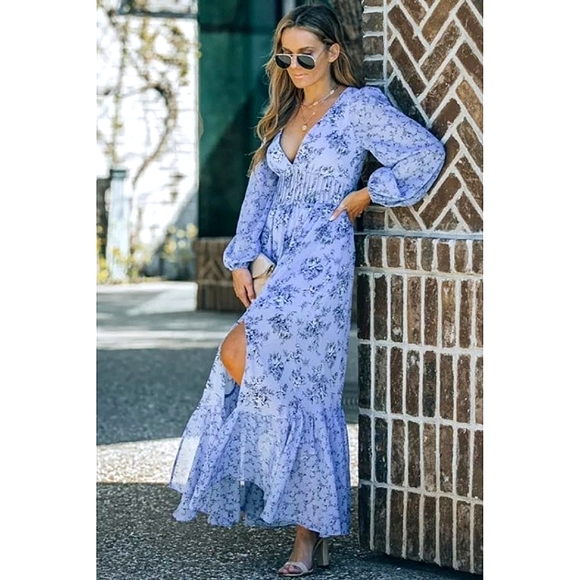 LAST ONE! Plus Size DREW Blue Floral Print Maxi Dress With Bubble Sleeves - Picture 4 of 7